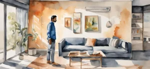 waterverf-schilderij-van-een-persoon-die-staat-in-een-warm-modern-interieur-van-een-huis