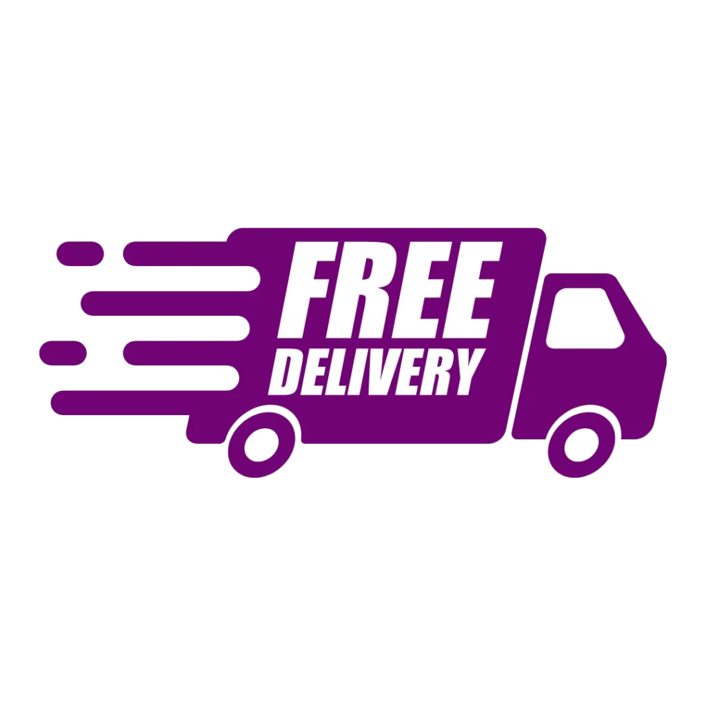Paarse vrachtwagen met tekst 'Free Delivery