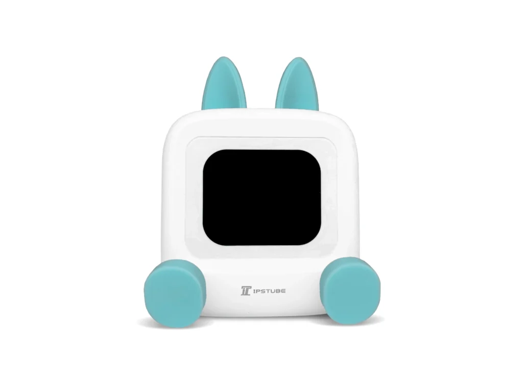 Wedjis Mili-TV retro bluetooth speaker met display, vooraanzicht in wit met turquoise accenten