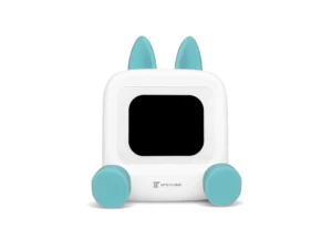 Wedjis Mili-TV retro bluetooth speaker met display, vooraanzicht in wit met turquoise accenten